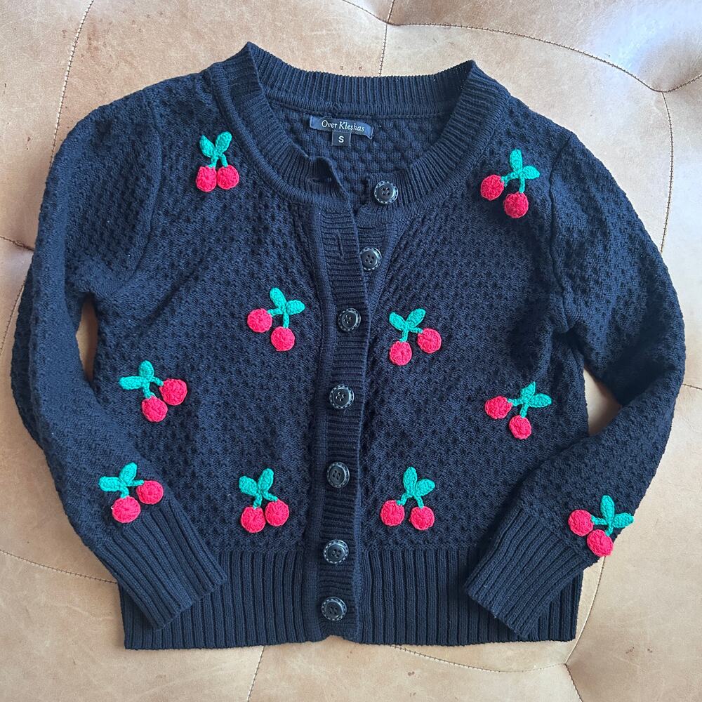 Cherry Cardigan Sweater Black 100% Cotton Knit Fruit Coquette Cottagecore S
